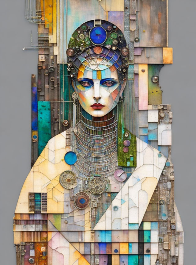 Colorful Stylized Female Figure Artwork with Mixed Media Elements