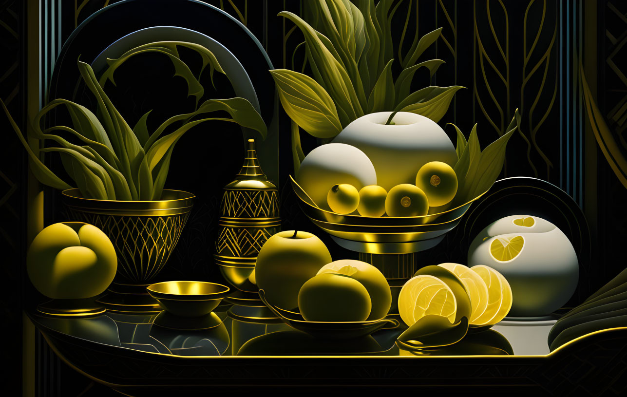 Monochromatic Art Deco still life with lemons, vases, and plants