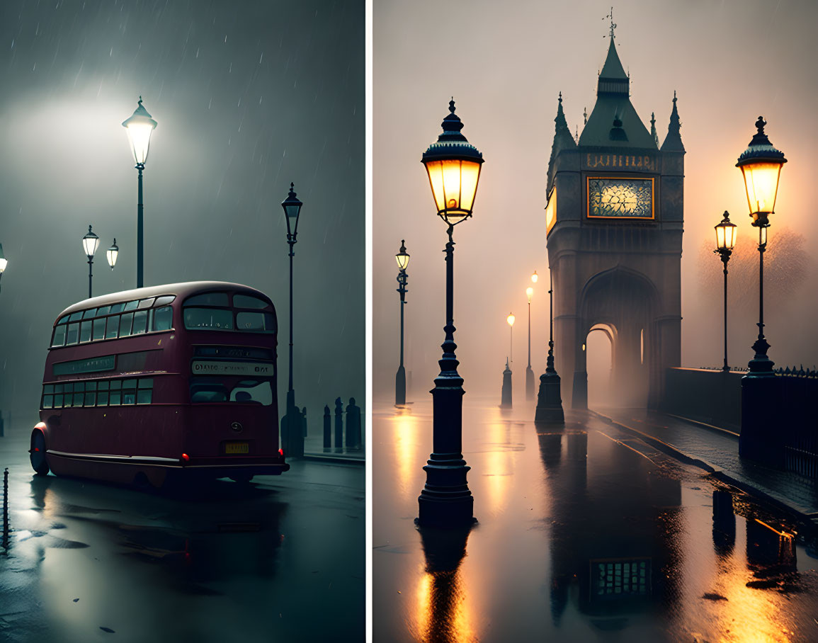 Vintage Red Double-Decker Bus on Rainy Night Street