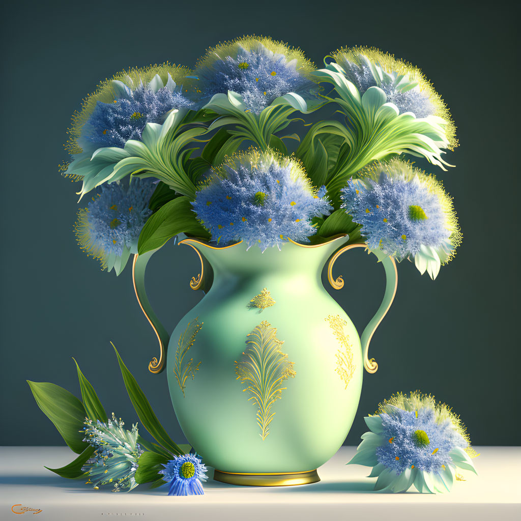 Ornate gold vase with green foliage and blue flowers