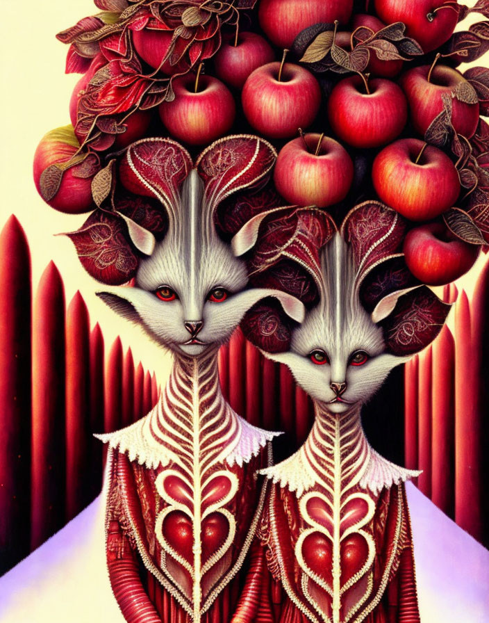 Symmetrical fantastical feline creatures in red and white attire against red backdrop