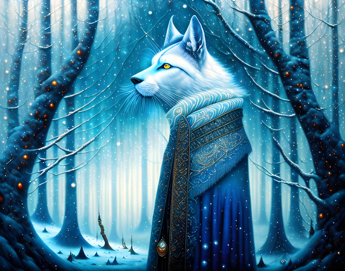 White Fox in Enchanted Winter Forest with Sparkling Trees