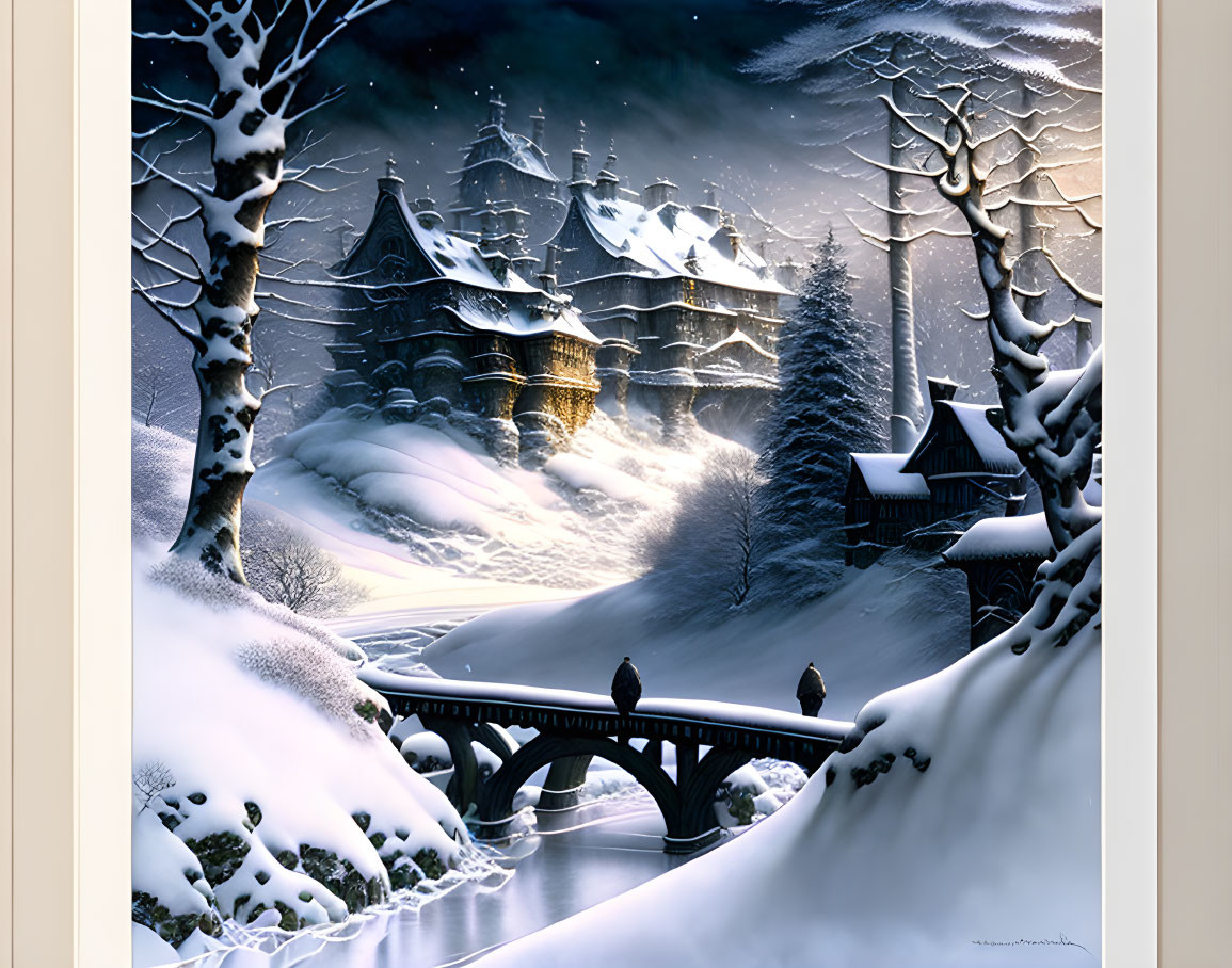 Snow-covered trees, frozen river bridge, illuminated castle in twilight landscape