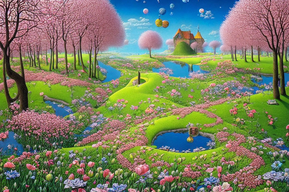 Colorful landscape with pink trees, rivers, cottage, and flowers under blue sky