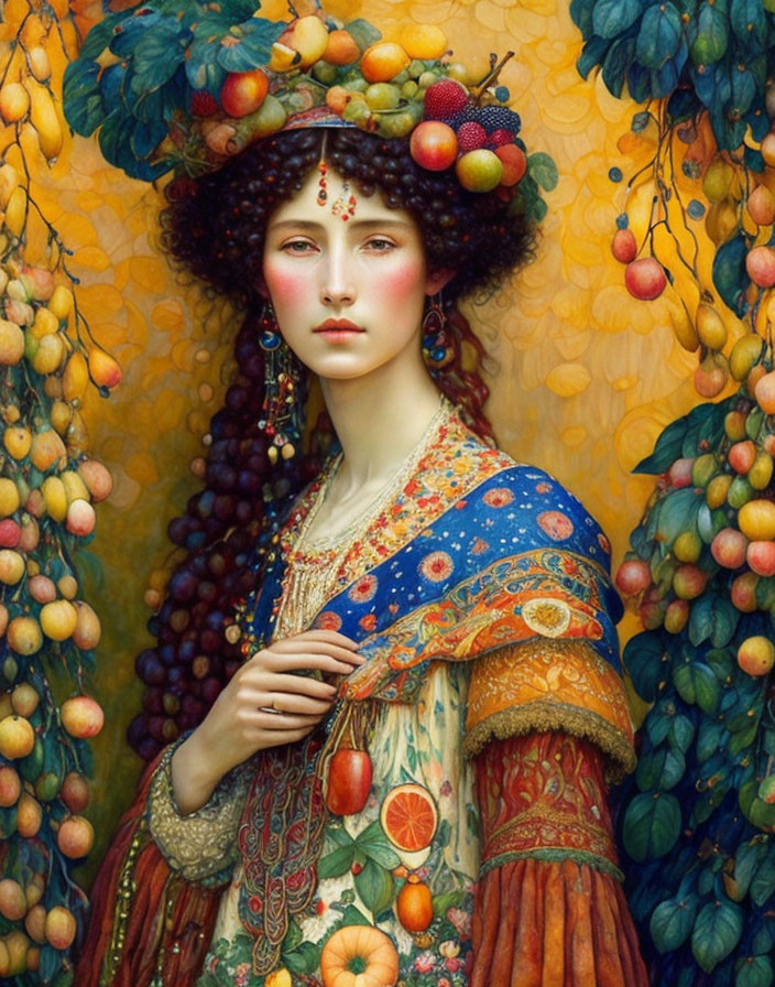 Vibrant painting of woman in fruit-themed costume against lush background