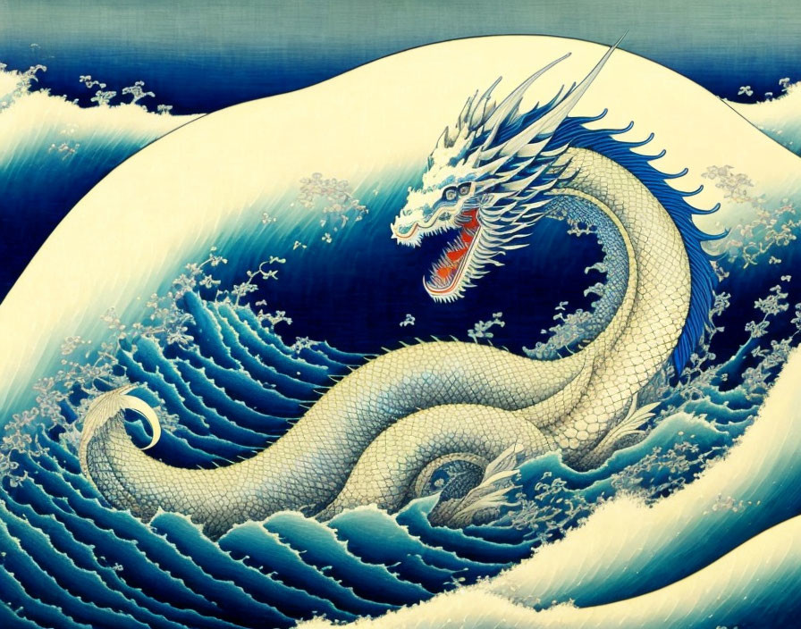 Blue and white dragon in traditional Asian-style illustration among towering waves and clouds