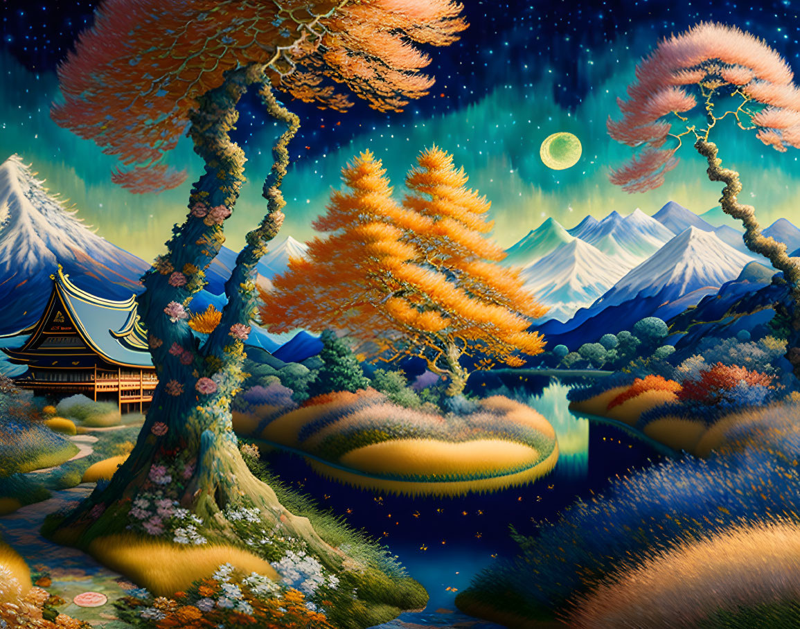 Colorful Fantastical Landscape with Flora, Architecture, Mountains, and Moonlit Sky