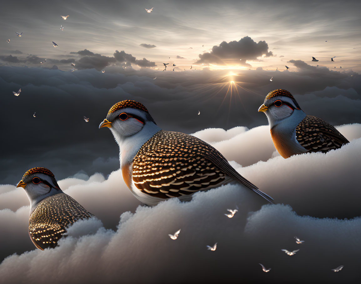 Stylized birds on clouds with sunset and flying birds in background