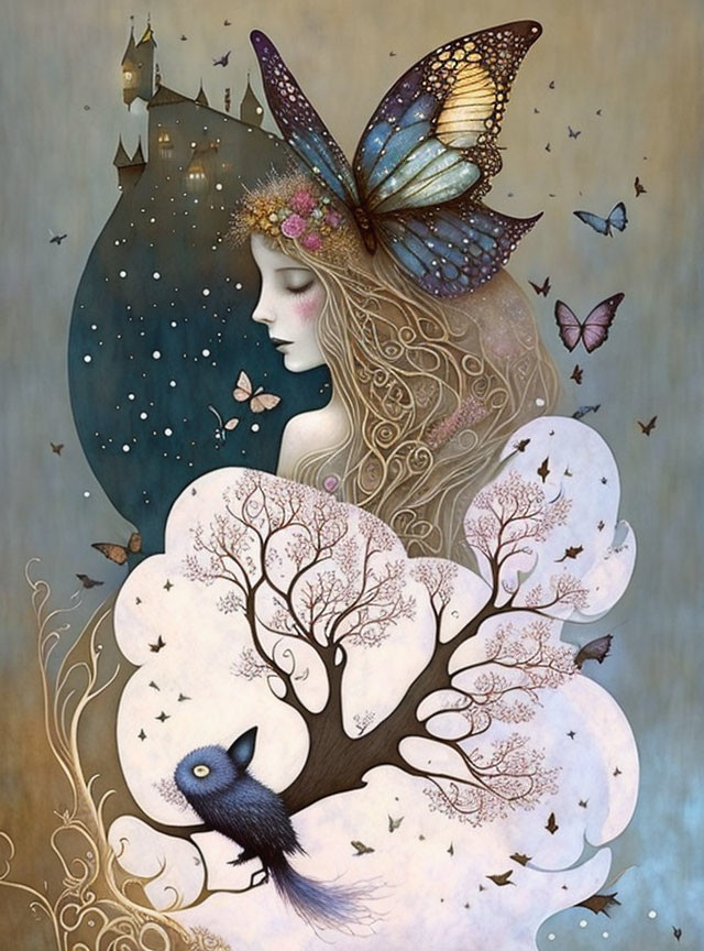 Winged female figure with whimsical tree, castle, bird, butterflies