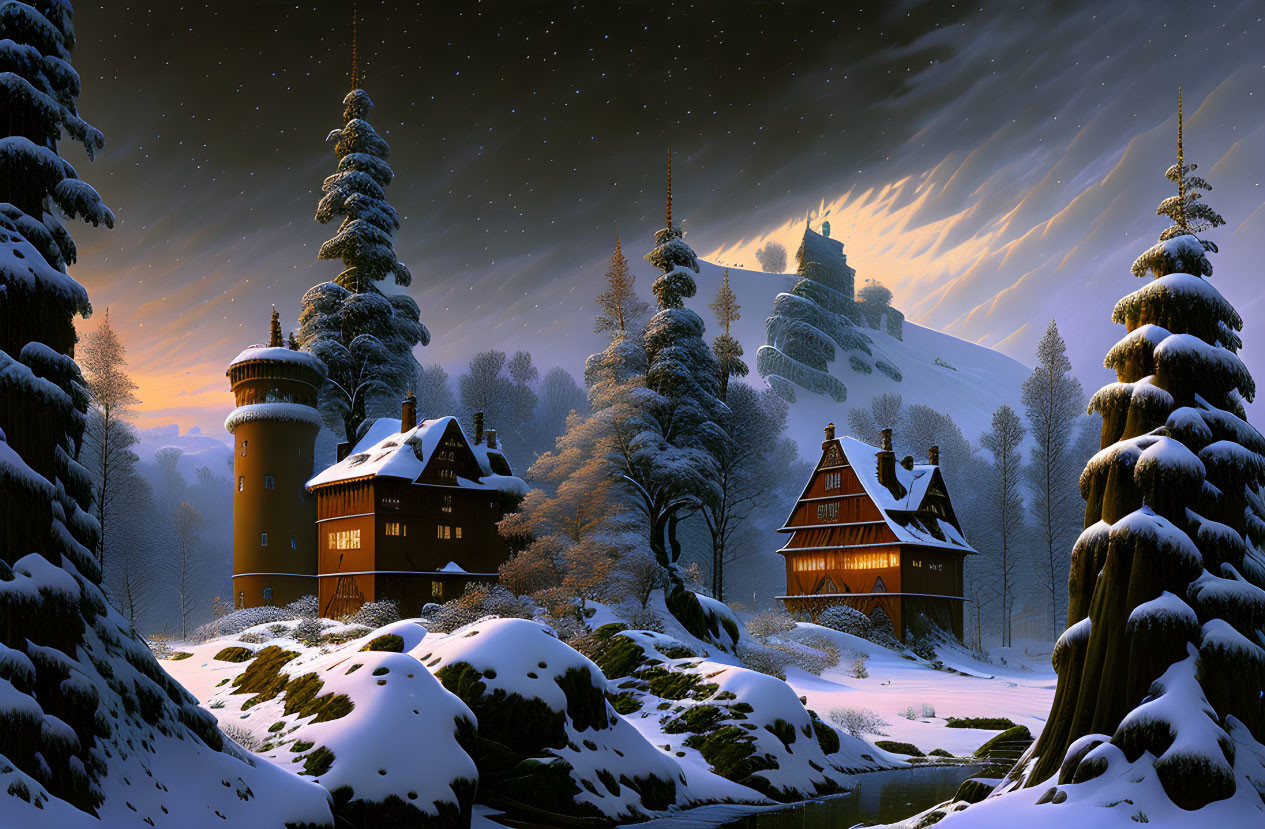 Snow-covered trees, castle on hill, houses with warm glowing windows in serene winter night scene