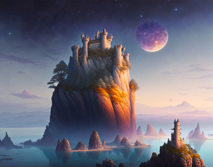 Fantasy landscape with castle on cliff, ocean, peaks, and moon
