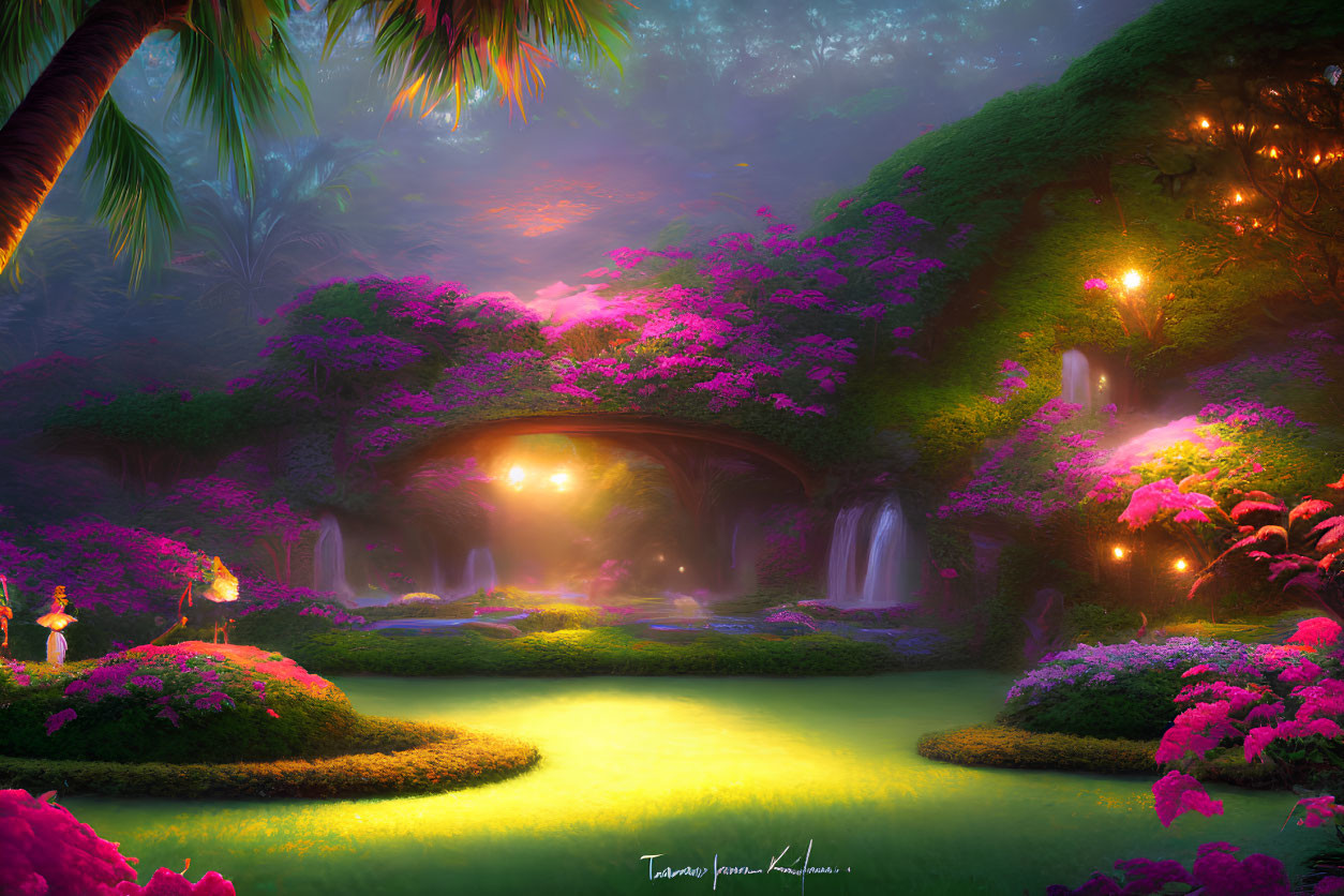 Lush greenery, pink flora, stone bridge, serene waterfalls in enchanted garden