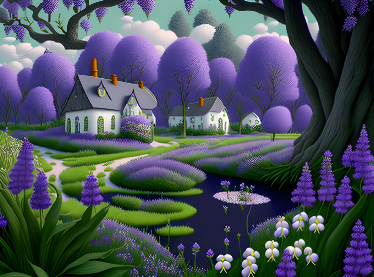 Colorful illustration of vibrant purple landscape with cottages, trees, river, and flowers