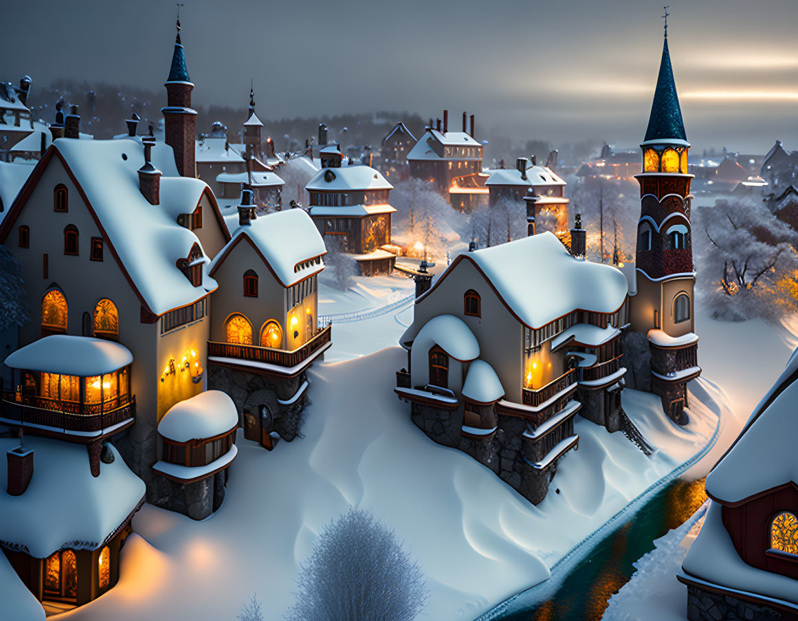 Twilight snow-covered village with lit windows and frozen river