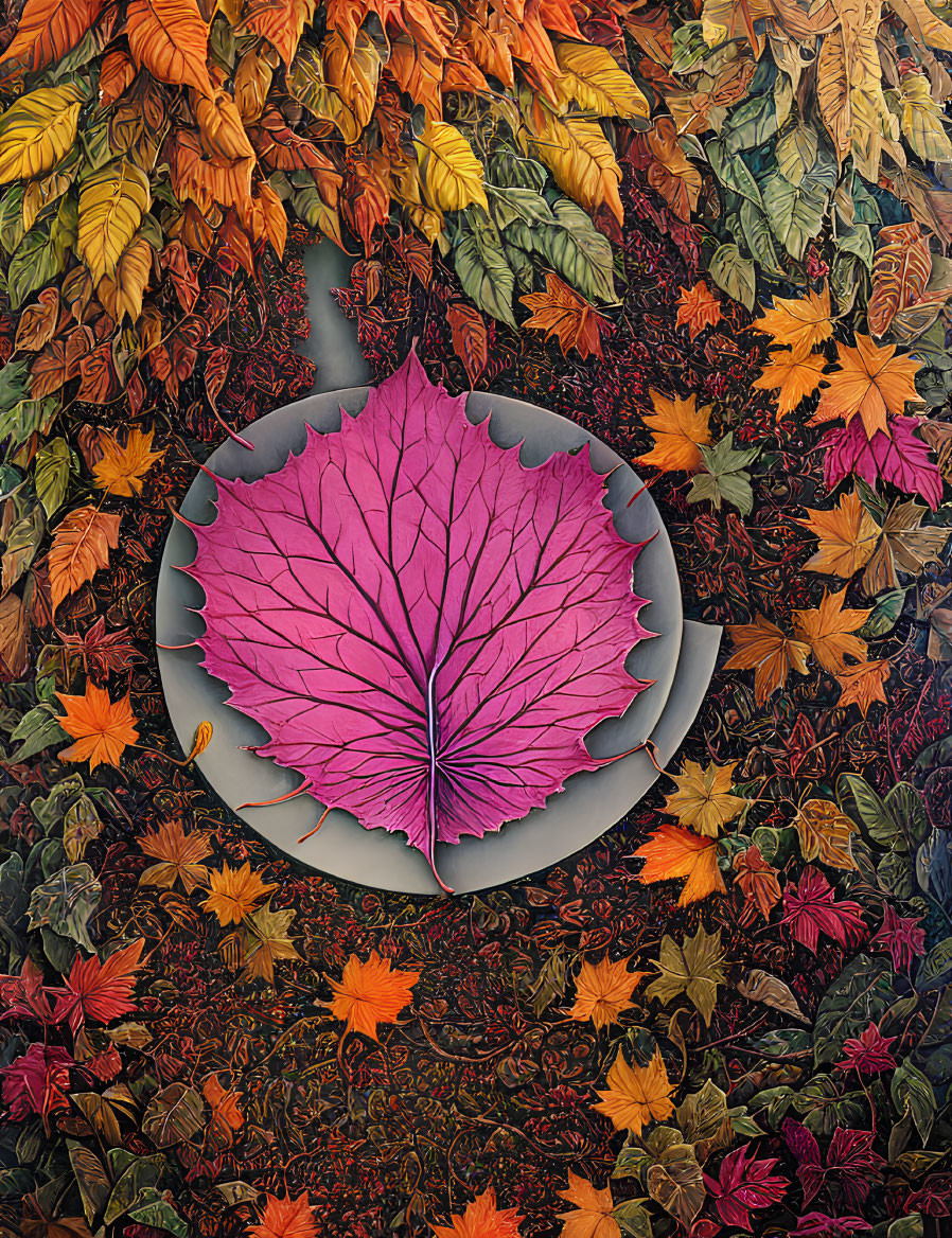 Vibrant Pink Leaf on Gray Stone Among Multicolored Autumn Leaves