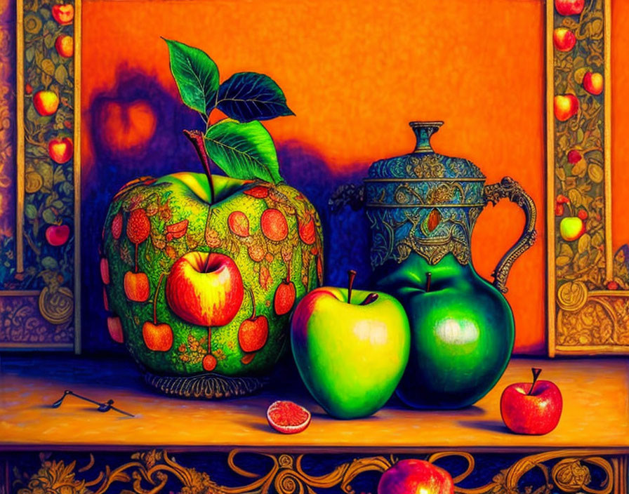 Vibrant still life painting with oversized apple and various fruits and teapot