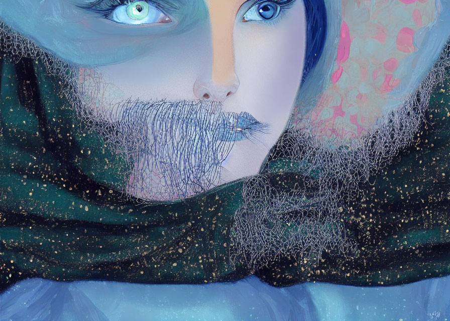 Detailed Illustration: Person with Blue Eyes, Blue Hair, Beard, Wrapped in Starry Teal