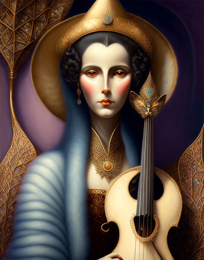Stylized portrait of woman with blue hair and violin on ornate background