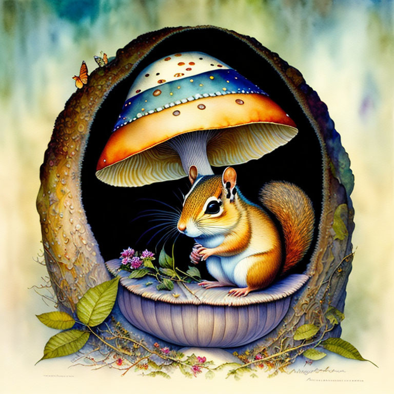 Colorful chipmunk in acorn shell with mushroom and butterfly