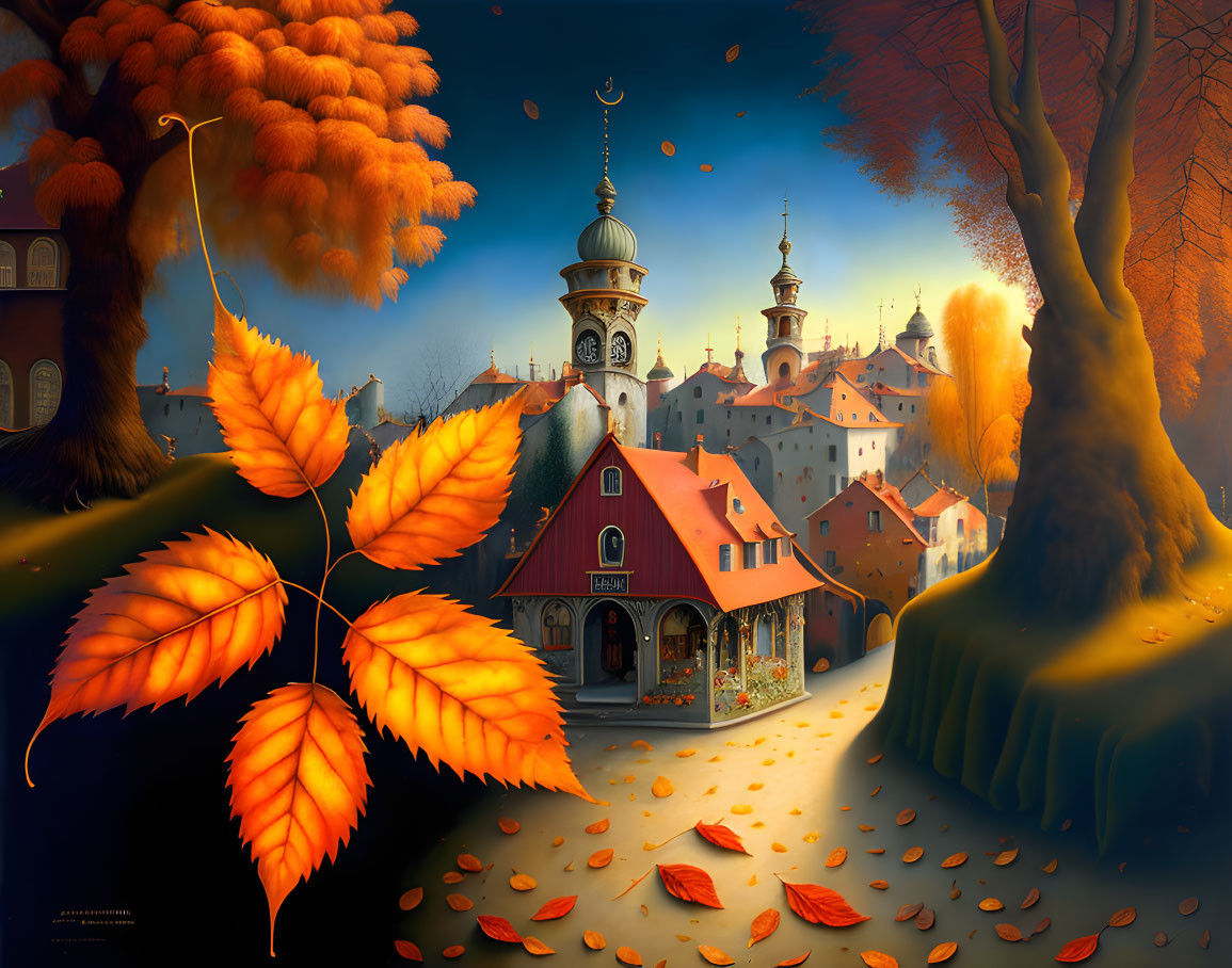 Whimsical autumn village with ornate tower and golden leaves