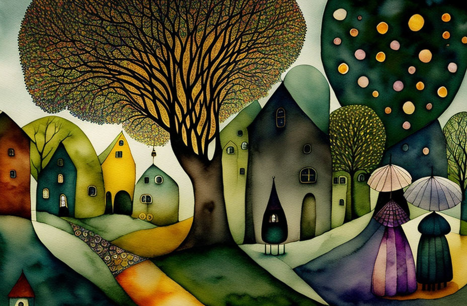 Whimsical night village illustration with colorful houses, trees, hills, starry sky, and figures