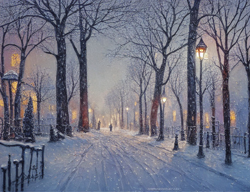 Snow-covered twilight scene with illuminated street lamps and figures walking