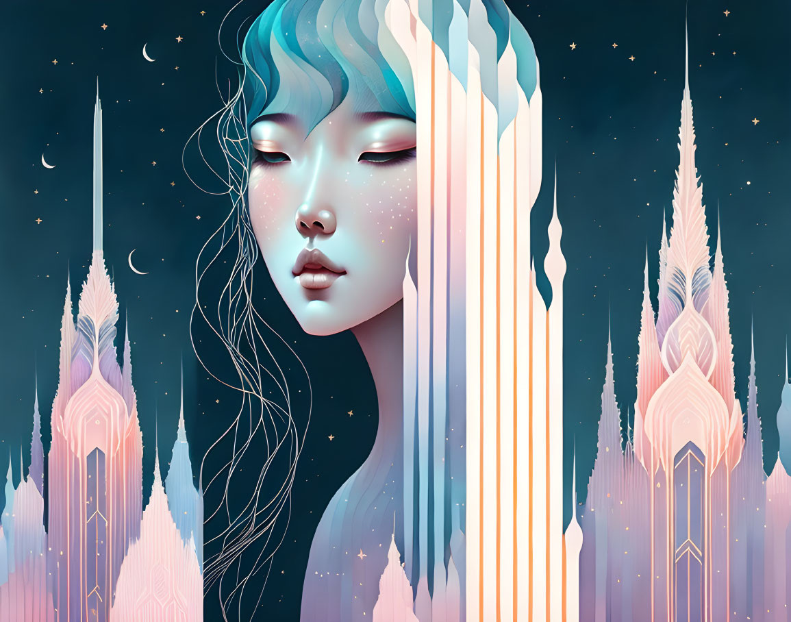 Ethereal illustration of serene woman with colorful hair against starry night sky