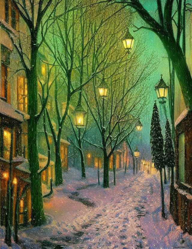 Snowy Street at Dusk with Glowing Street Lamps