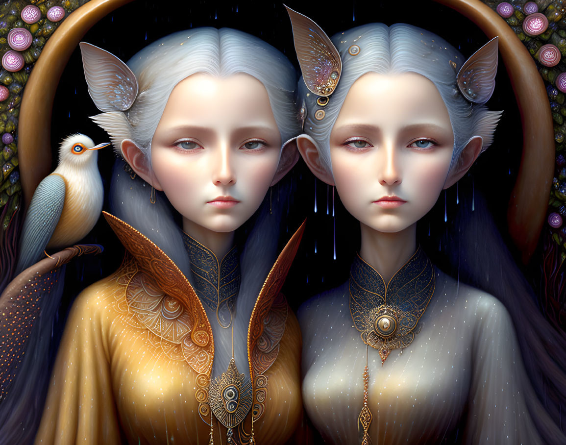 Ethereal female figures with pointed ears, pale hair, and golden jewelry, accompanied by a bird