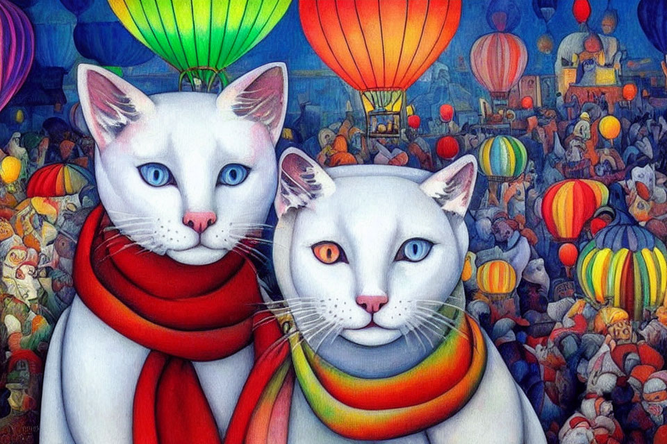 Whimsical white cats with colorful scarves in vibrant hot air balloon scene