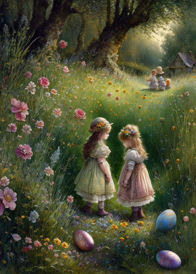 Two girls in vintage dresses with flower crowns in lush meadow with colorful Easter eggs, family watching