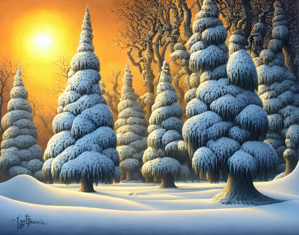 Snow-covered winter landscape with sunset glow and fir trees