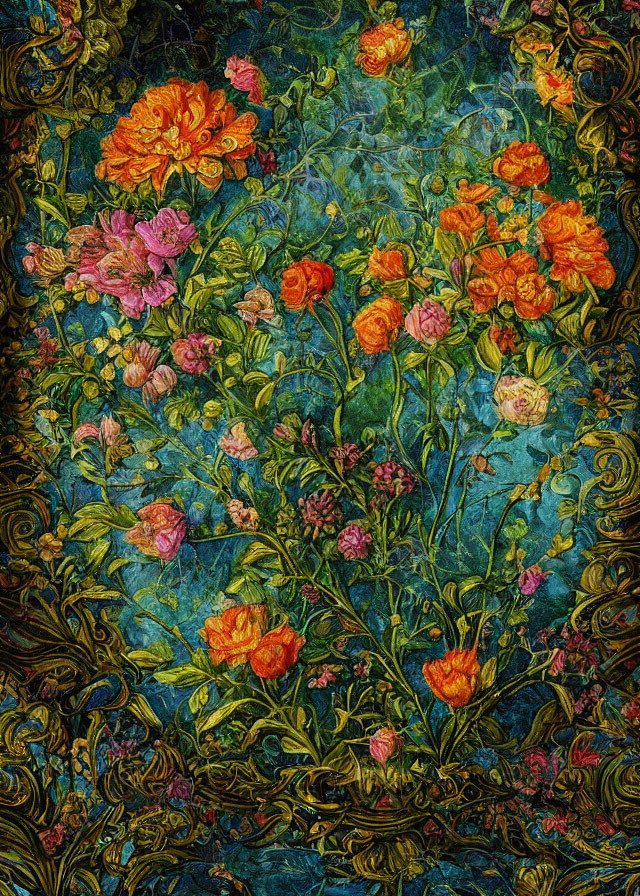 Colorful Flower Painting on Intricate Dark Background