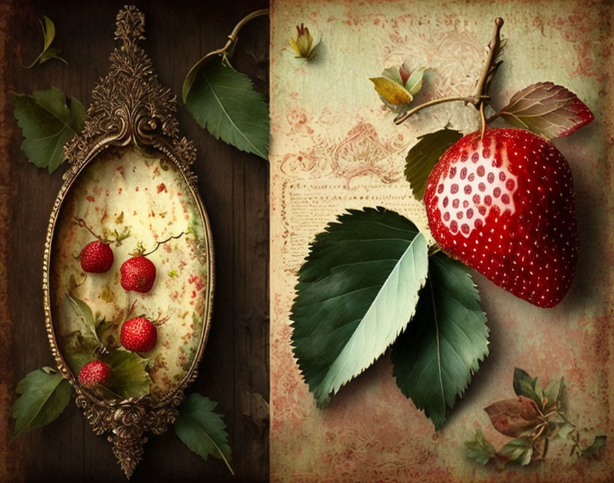 Ornate Oval Frame with Strawberries on Textured Beige Background