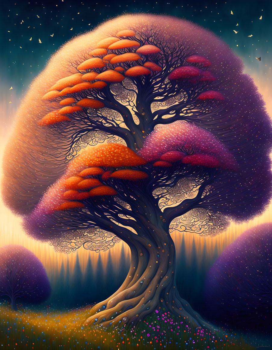 Vibrant tree illustration under starry sky with whimsical lips-like canopy