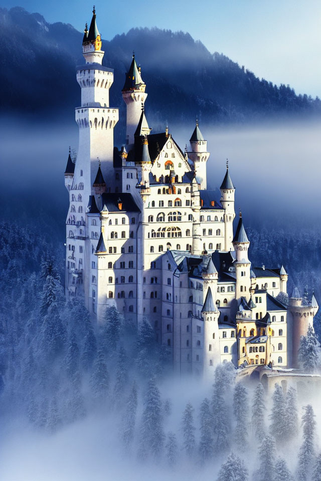 Enchanting castle with spires in misty winter landscape