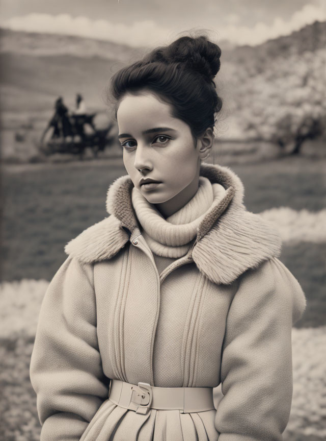 Contemplative young woman in belted coat poses against rural backdrop with horse-drawn carriage