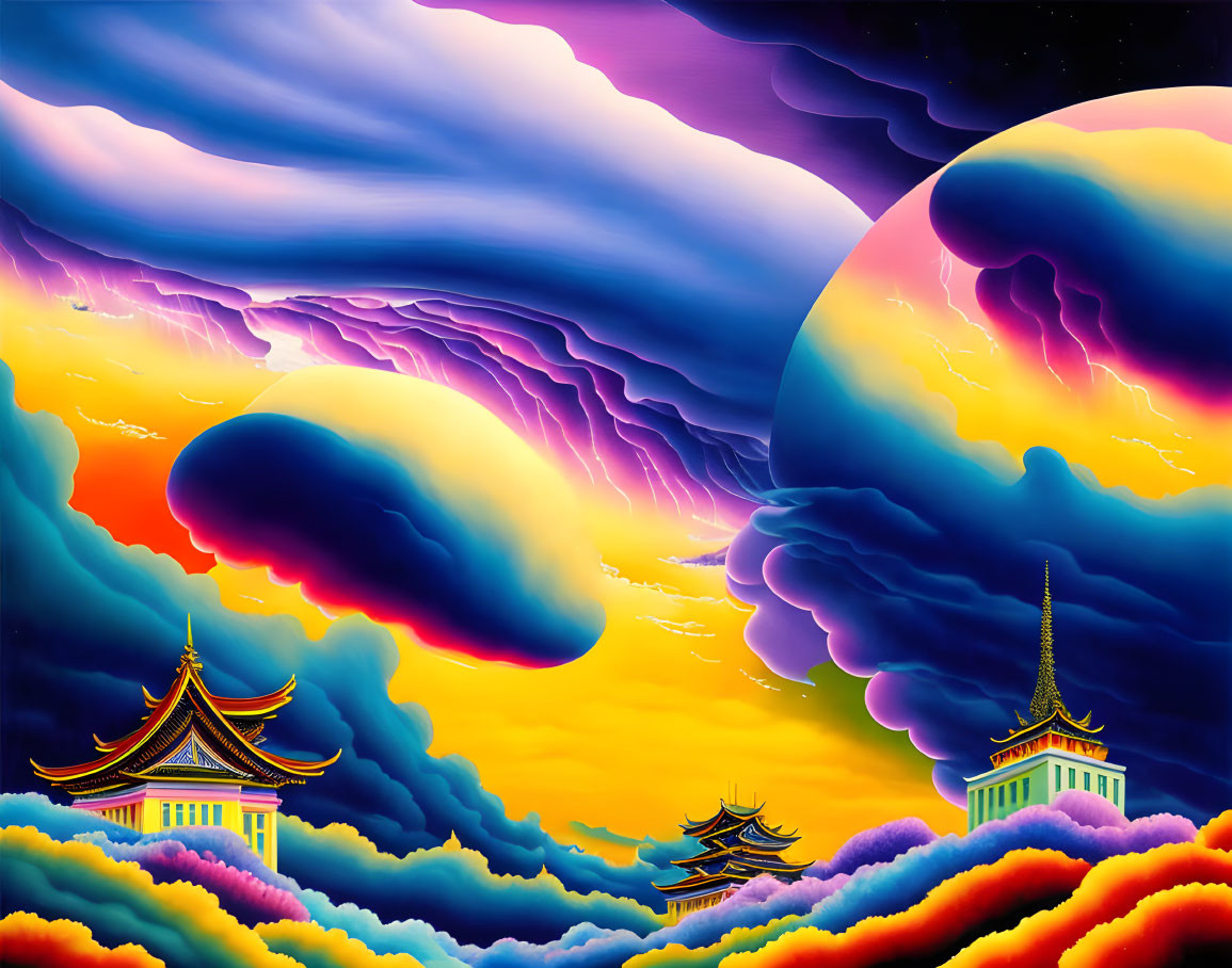 Colorful Clouds and Asian Pagodas Under Otherworldly Sky with Planets