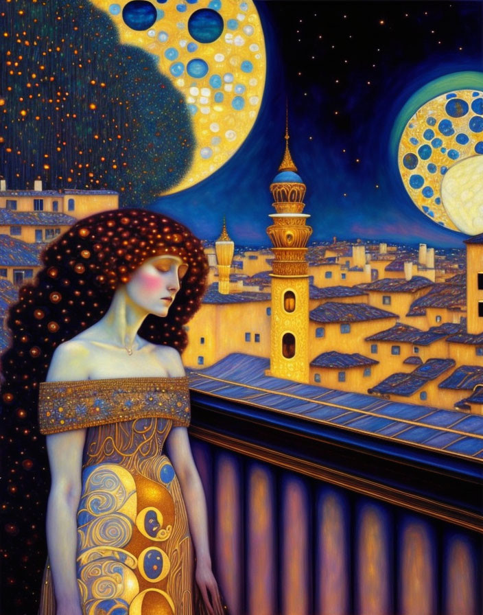 Surrealist painting of woman in flowing garments with starry night backdrop in old town setting