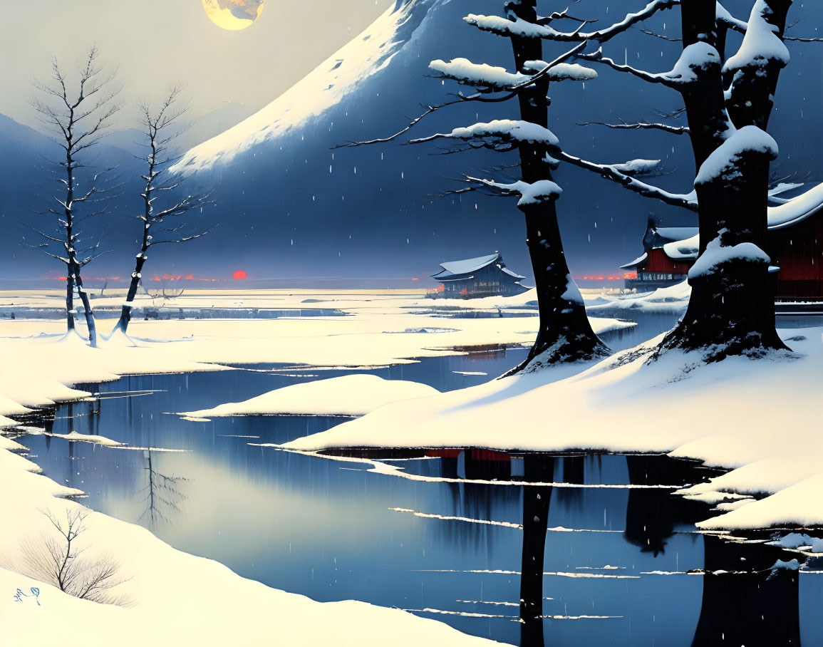 Winter landscape with traditional buildings, calm water, twilight sky, crescent moon, and falling snowfl