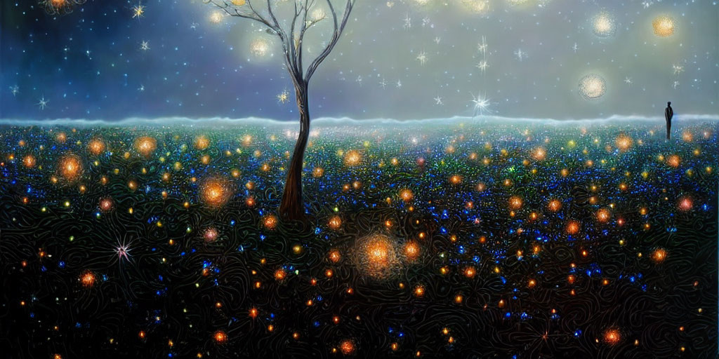 Mystical field with barren tree under starry night sky