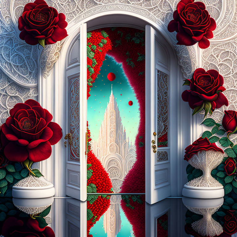 Ornate open doorway with fantasy castle and red roses landscape