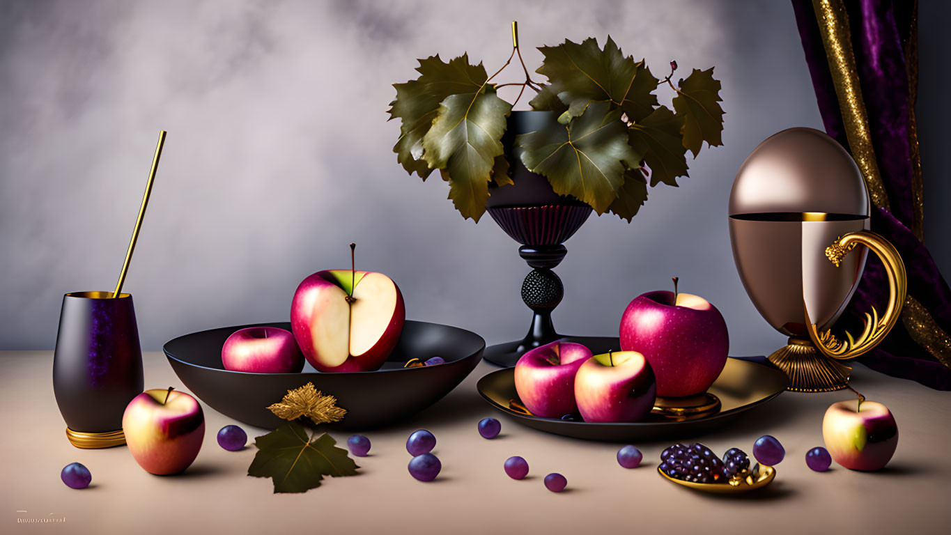 Luxurious Still Life with Apples, Grapes, and Golden Egg