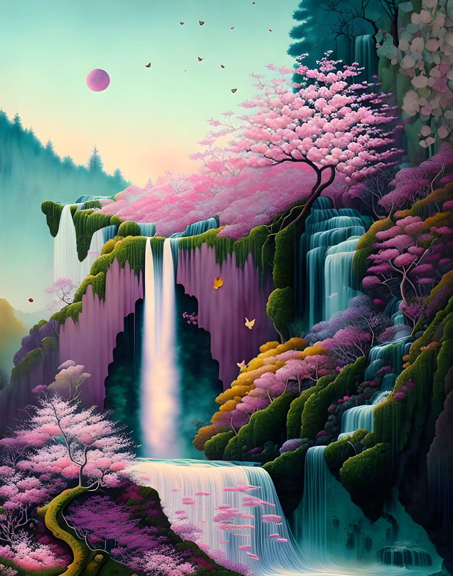 Surreal landscape with waterfalls, pink flora, planet, birds, twilight sky