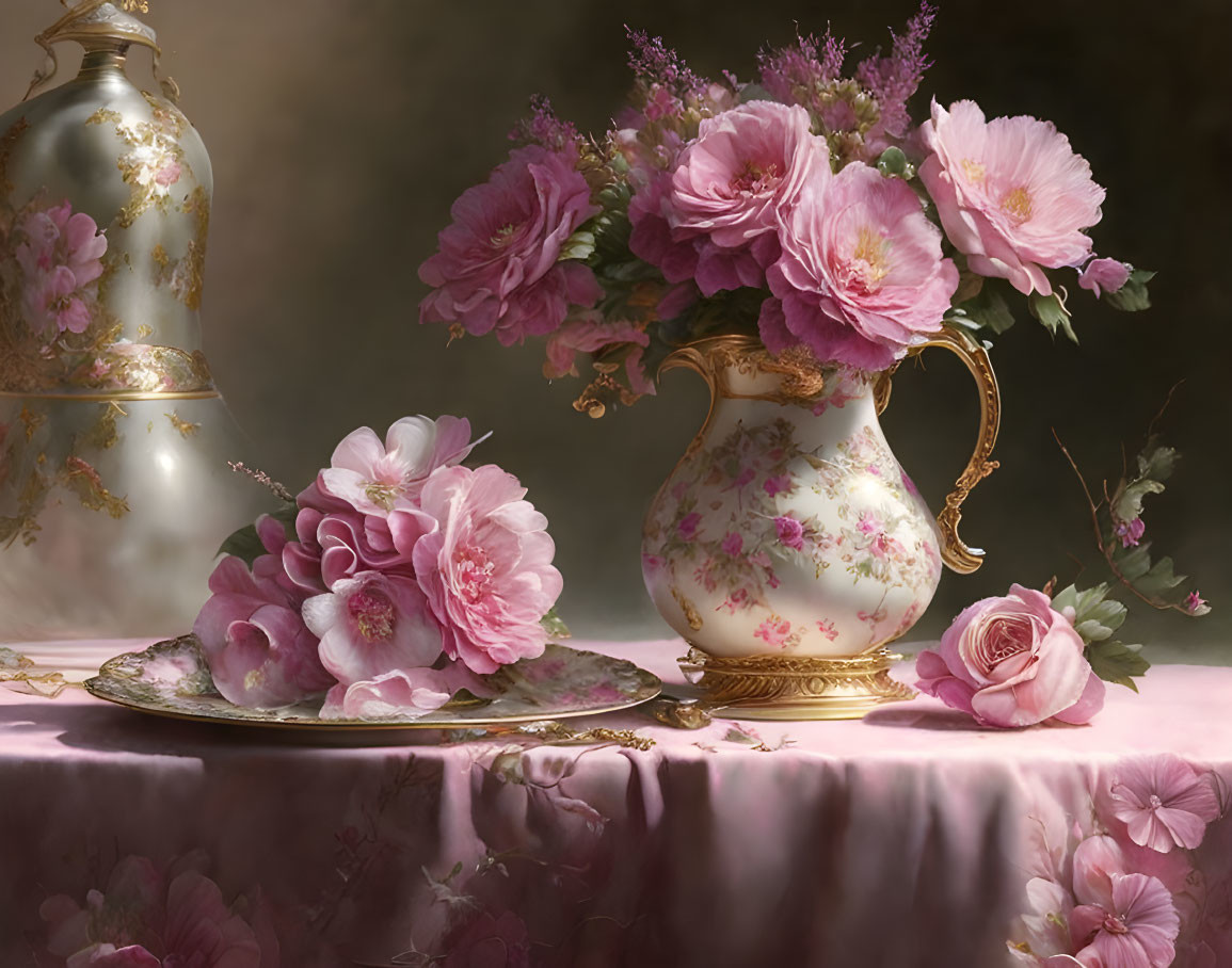 Floral porcelain jug and plate with pink roses on draped tablecloth