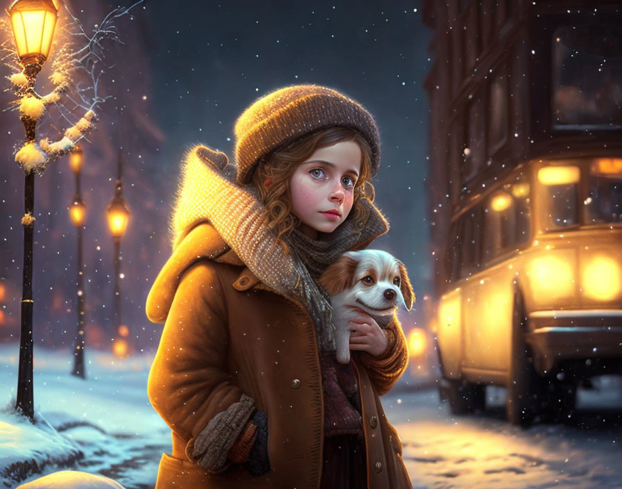 Young girl with small dog on snow-covered street in winter scene.