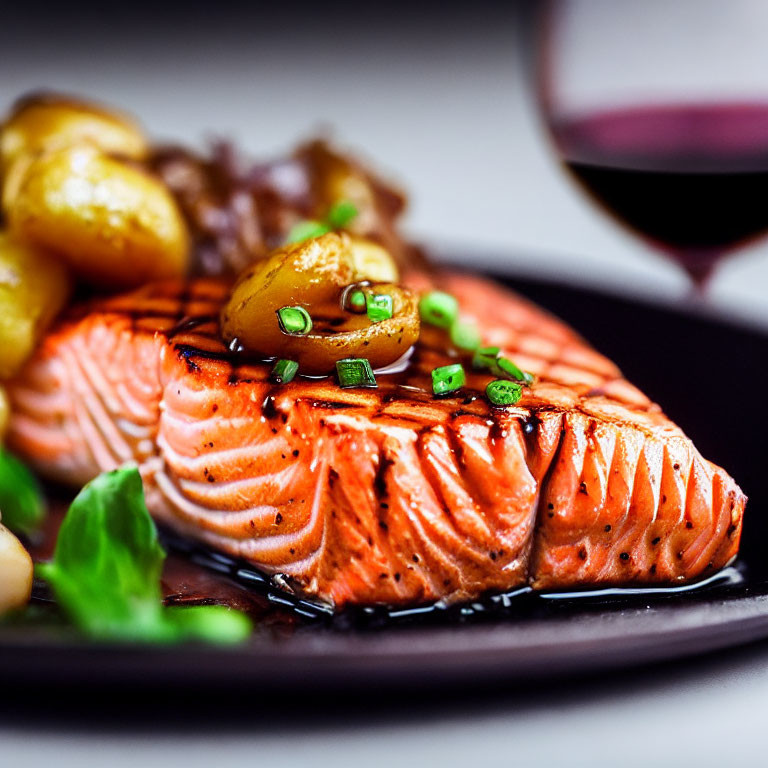 Succulent Grilled Salmon Fillet with Green Onions and Baby Potatoes on Black Plate