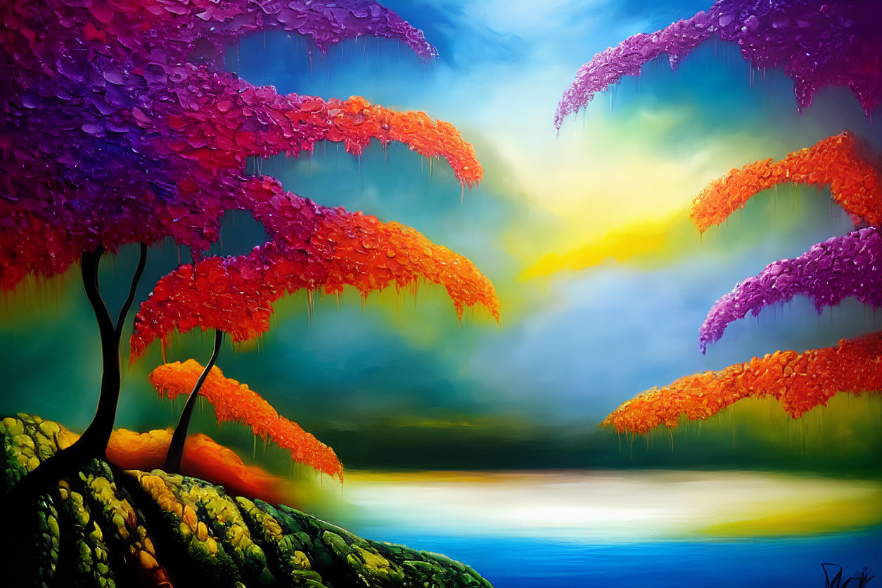 Colorful Tree Painting with Gradient Sky and Water View