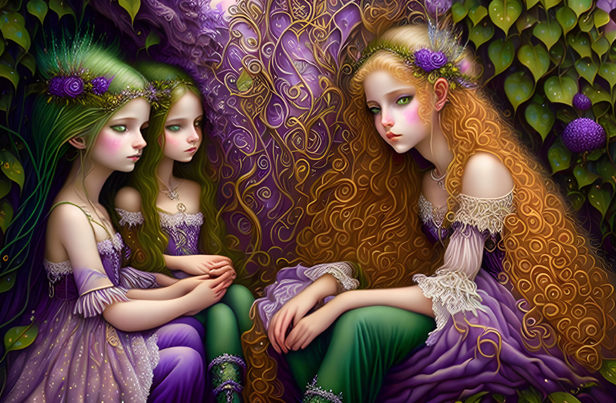 Ethereal females in ornate dresses amidst vibrant foliage