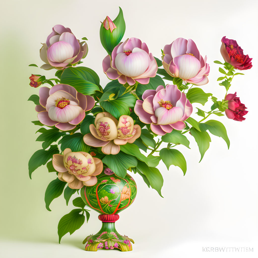 Detailed illustration of oversized pink flowers in a decorative vase on a pale backdrop